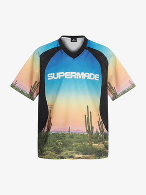 Polyester Desert Print V-Neck T-Shirt with Supermade Logo and Cactus Design 
