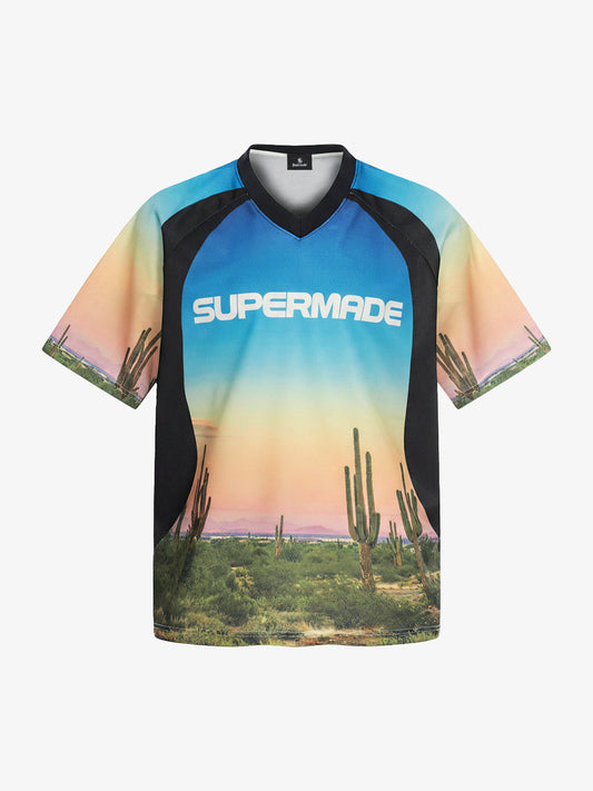 Polyester Desert Print V-Neck T-Shirt with Supermade Logo and Cactus Design 
