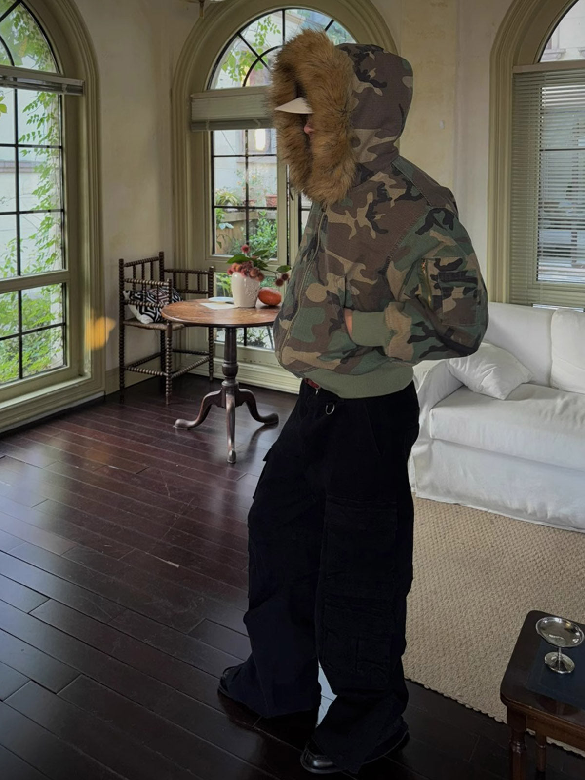 Camouflage Bomber Jacket with Faux Fur Hood for Winter and Fall 