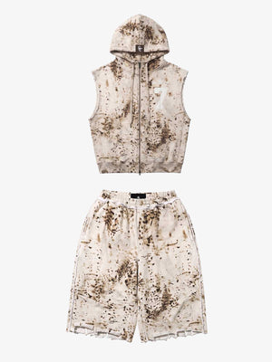Washed Distressed Irregular Leopard Sleeveless Hooded Vest Set 