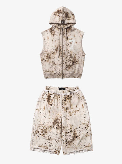 Washed Distressed Irregular Leopard Sleeveless Hooded Vest Set 