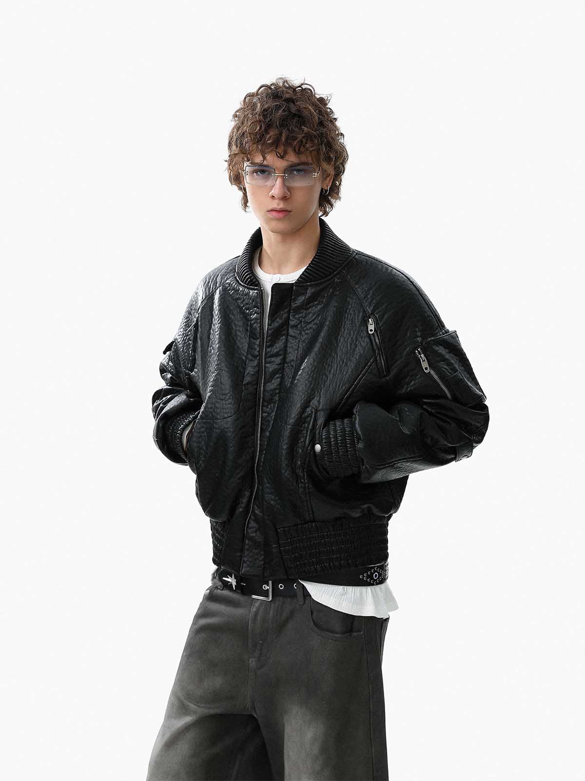 Street Functional PU Leather Panel Workwear Pocket Bomber Jacket 