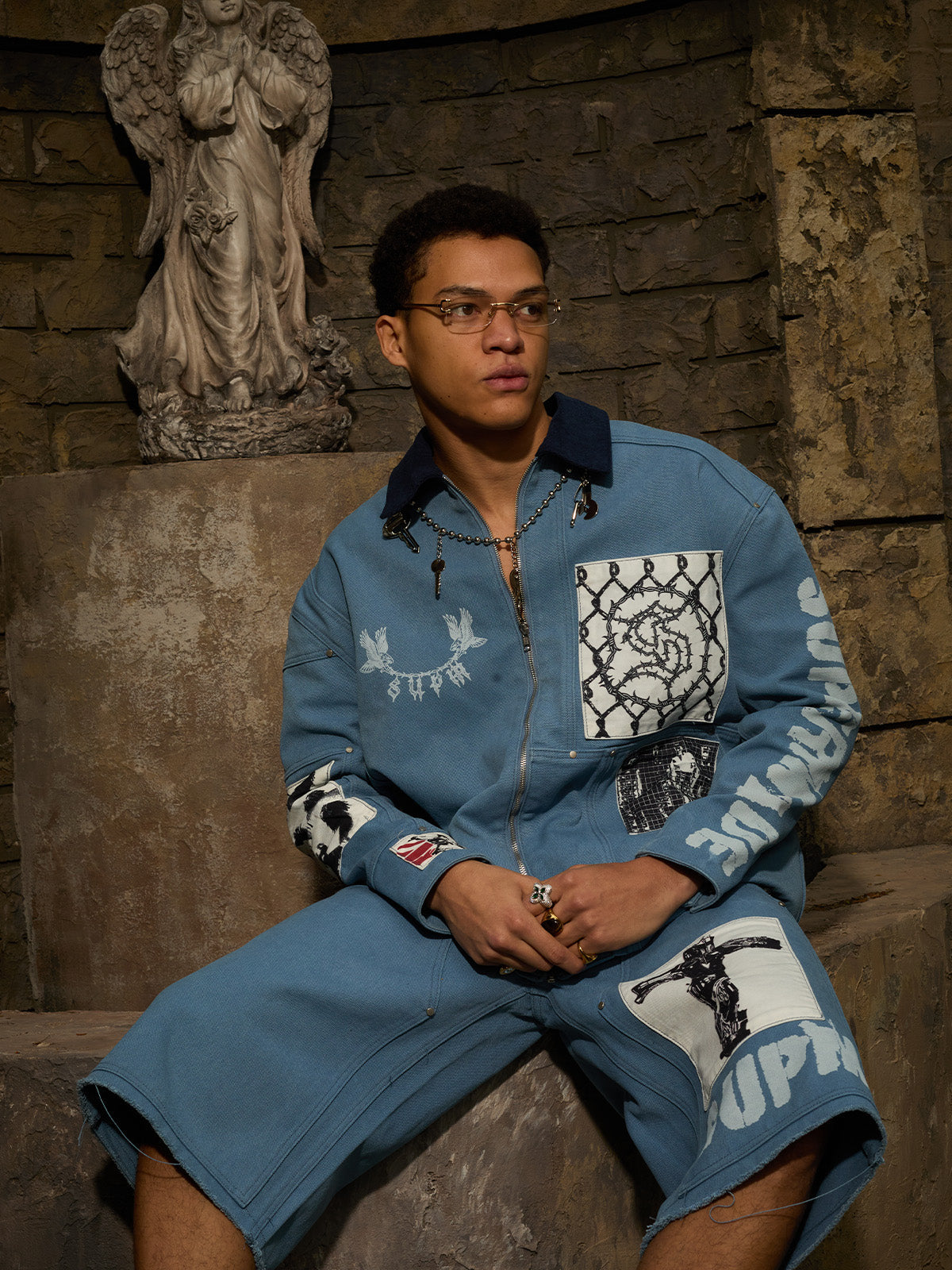 Supermade Multi-Element Appliqué Patchwork Denim Suit 