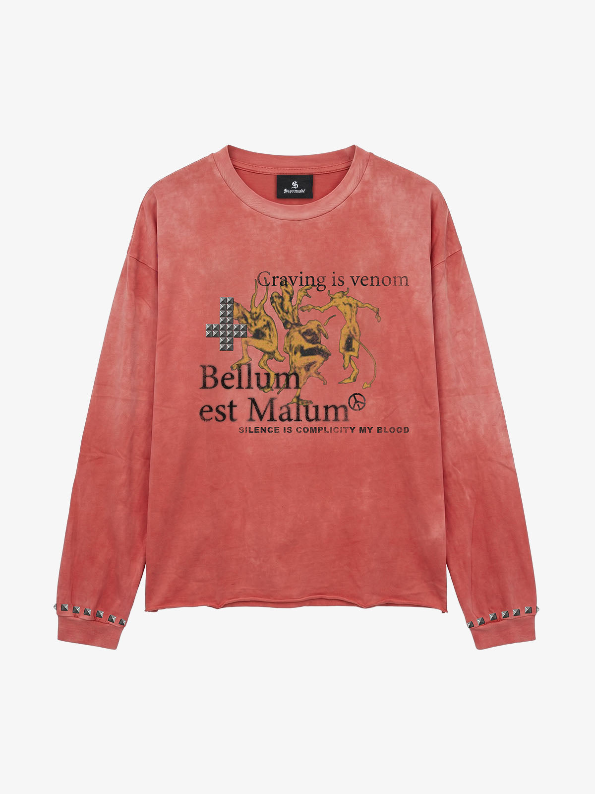 Devil Graphic Studded Garment-Washed Long Sleeve Top