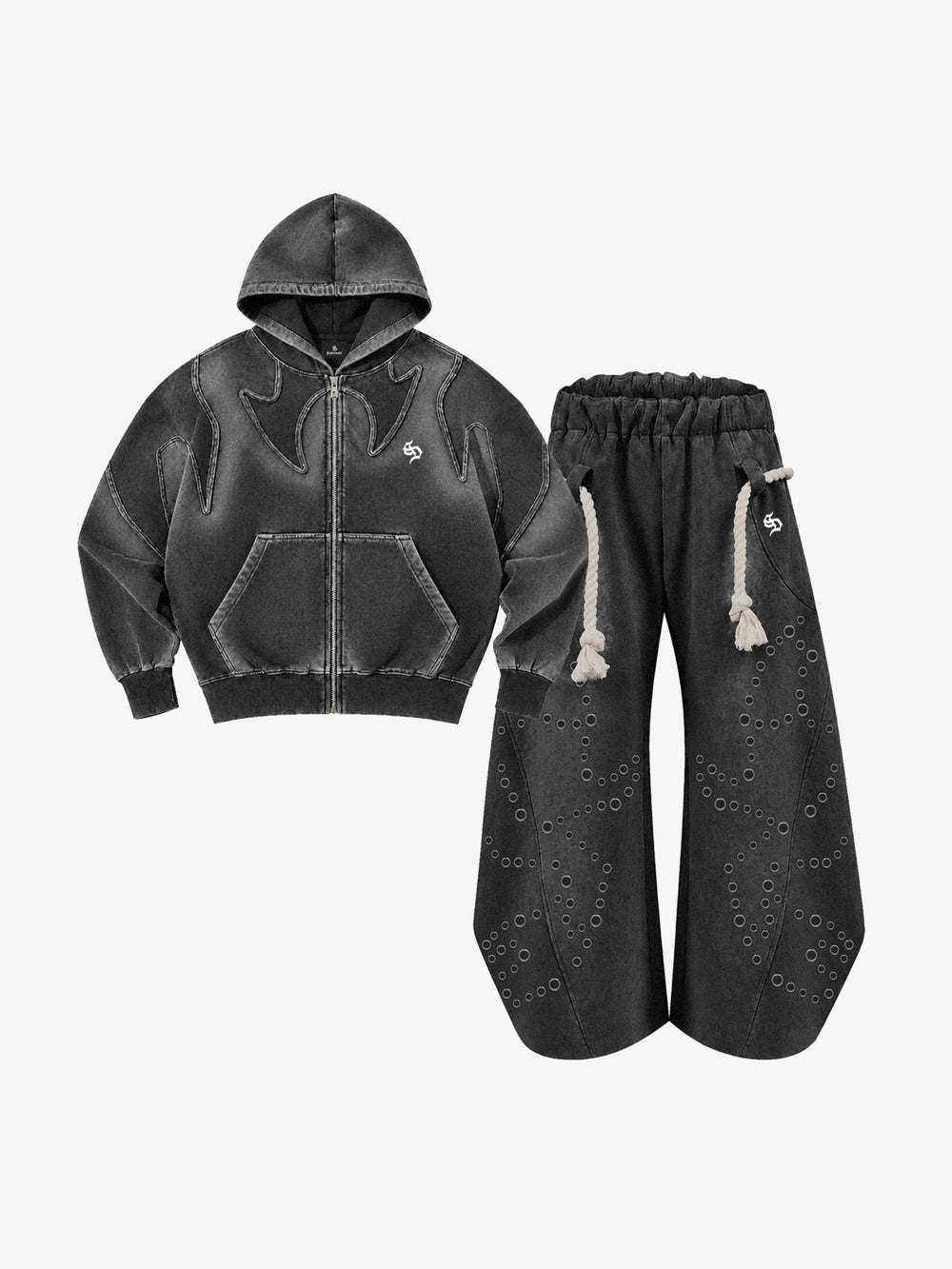 Washed Spray-Edge Zip Hoodie & Curved-Leg Sweatpants Set