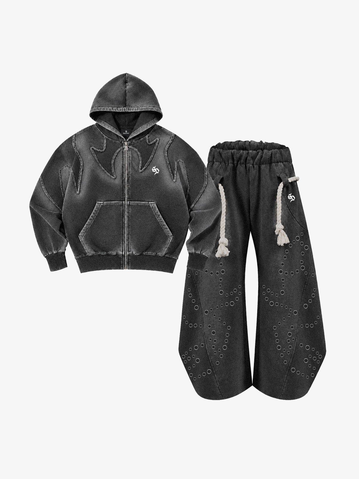 Washed Spray-Edge Zip Hoodie & Curved-Leg Sweatpants Set