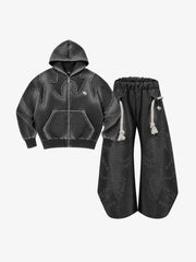Washed Spray-Edge Zip Hoodie & Curved-Leg Sweatpants Set
