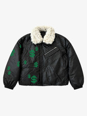 Dollar Graphic Faux-Shearling Collar Padded Jacket