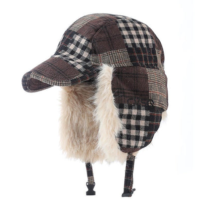 Winter Plaid Earflap Hat with Faux Fur Trim - Perfect for Cold Weather Protection 