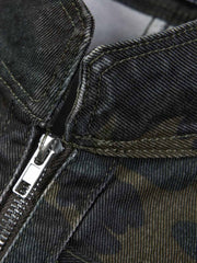 Distressed Camo Snap-Button Stand-Collar Jacket
