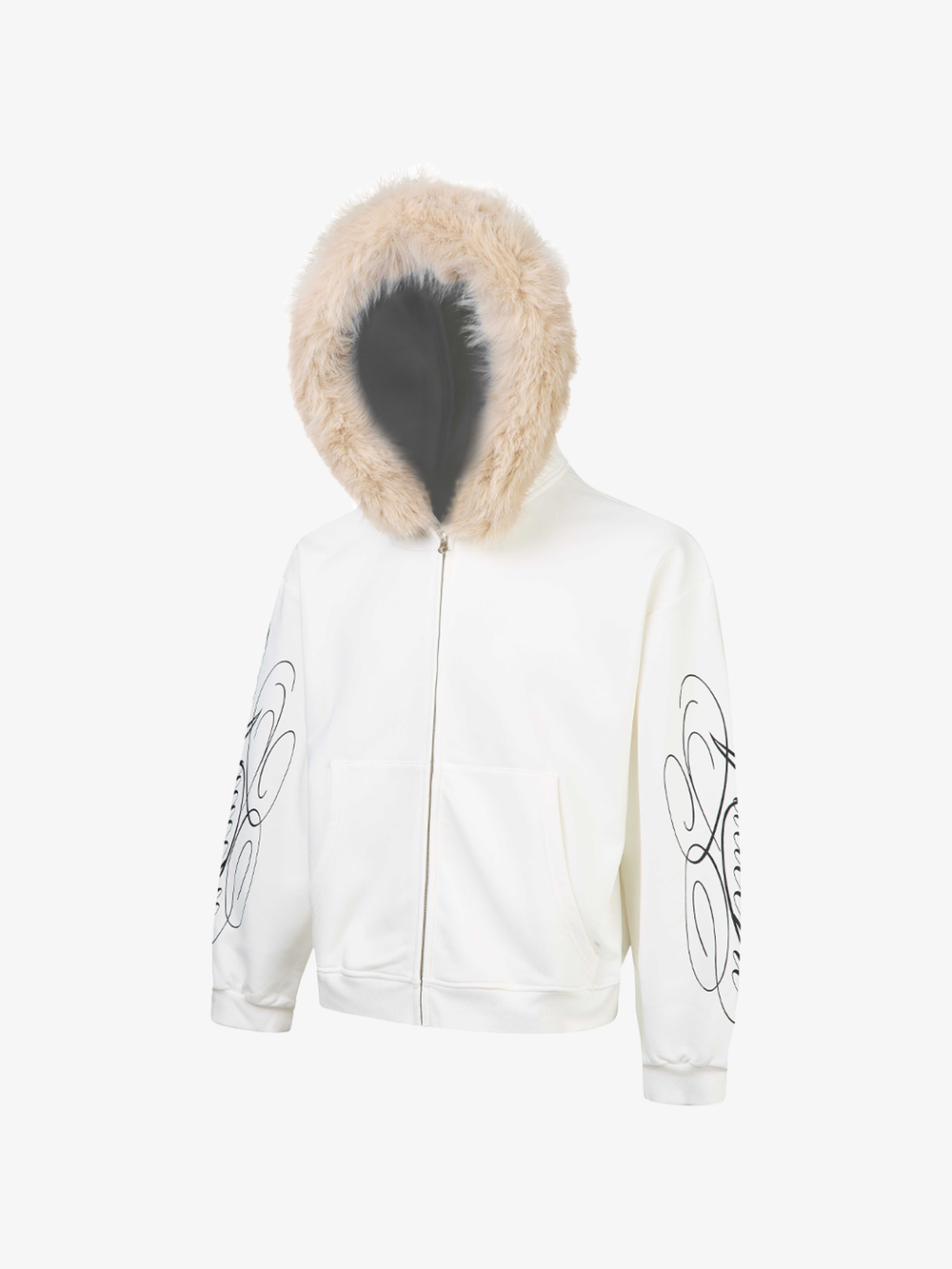 Fur-Trim Sleeve Graphic Zip Hoodie