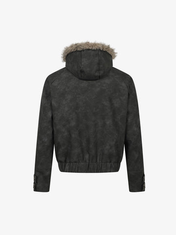 Letter Graphic Fur-Collar Zip-Up Jacket