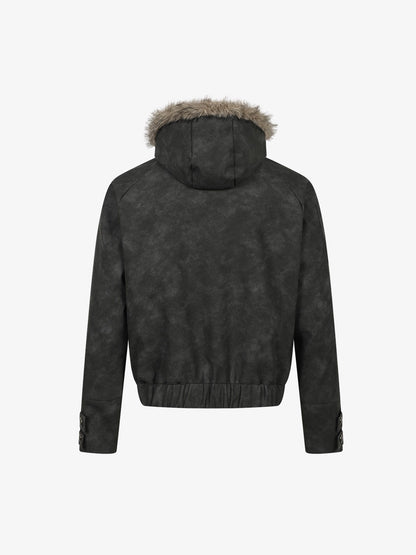 Letter Graphic Fur-Collar Zip-Up Jacket