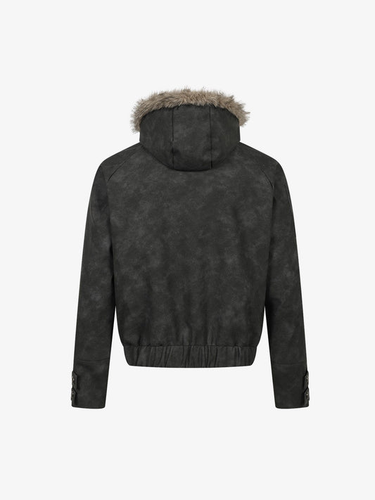 Letter Graphic Fur-Collar Zip-Up Jacket