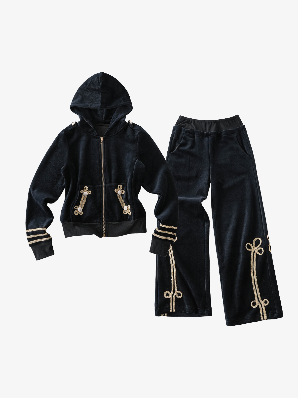 Gold Braid Embellished Plush Zip Hoodie & Wide-Leg Pants Set