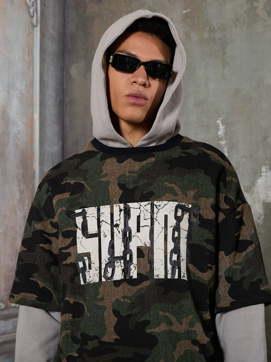 Supermade Camouflage Patchwork Faux Two-Piece Hooded Top 