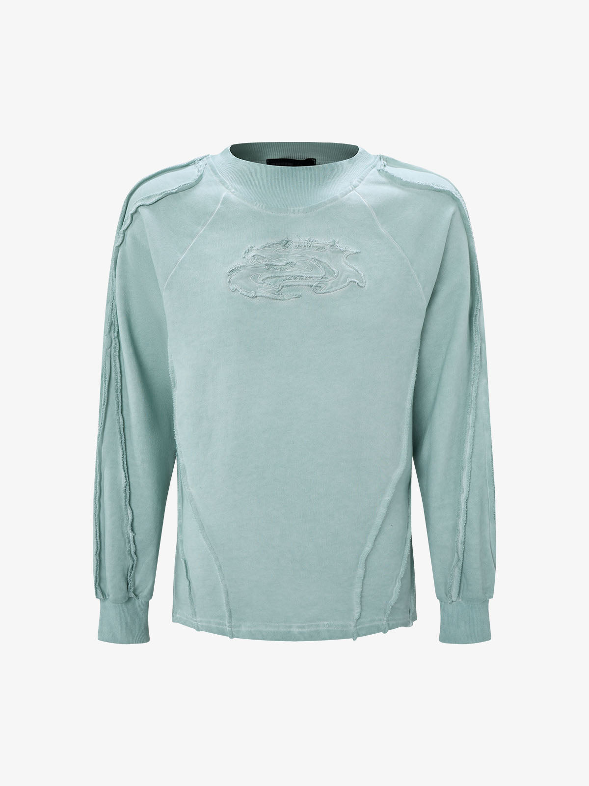 Heavyweight Washed Distressed Raw-Edge Long Sleeve Tee; Green / M, Green / L, Green / XL
