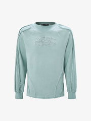 Heavyweight Washed Distressed Raw-Edge Long Sleeve Tee; Green / M, Green / L, Green / XL
