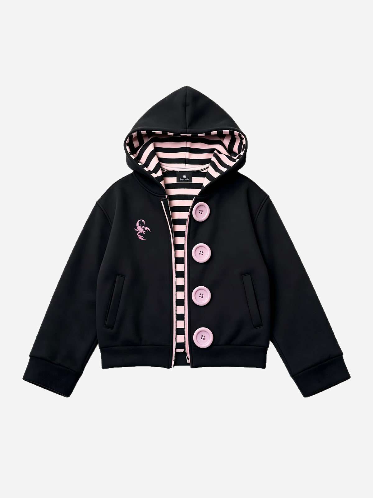 Kapuzenpullover mit Skorpionstickerei, Streifenfutter und Knopfleiste
