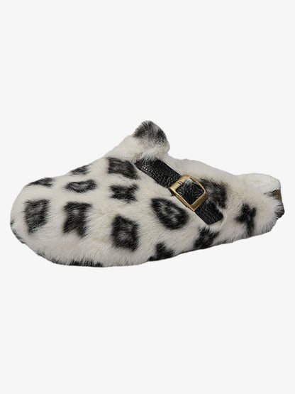 Abstract Spotted Faux Fur Buckle Clogs