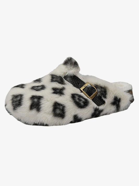 Abstract Spotted Faux Fur Buckle Clogs