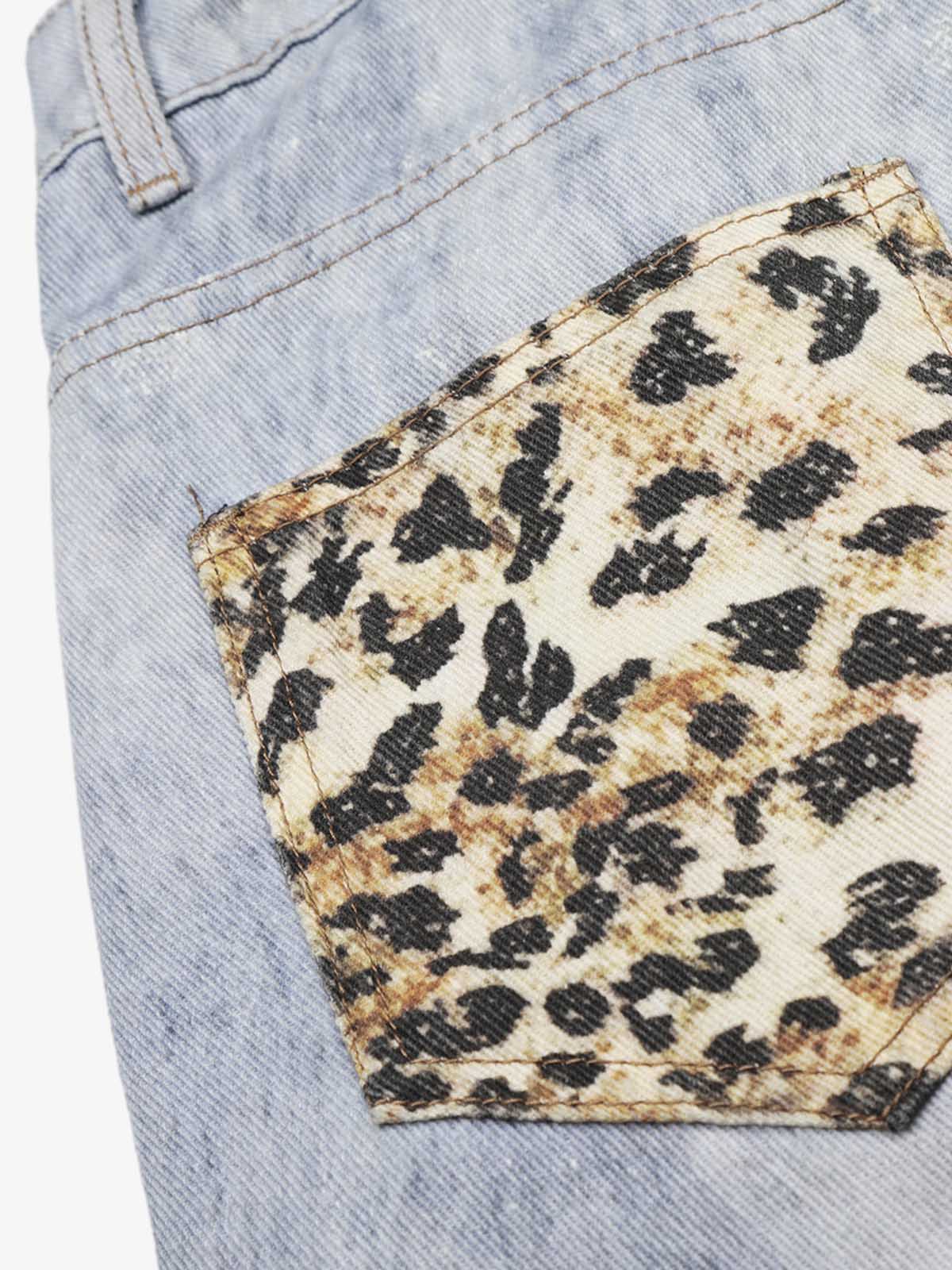 Light Wash Denim Shorts with Floral & Leopard Details