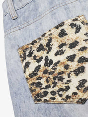Light Wash Denim Shorts with Floral & Leopard Details