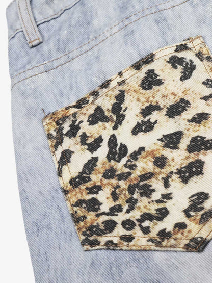 Light Wash Denim Shorts with Floral & Leopard Details
