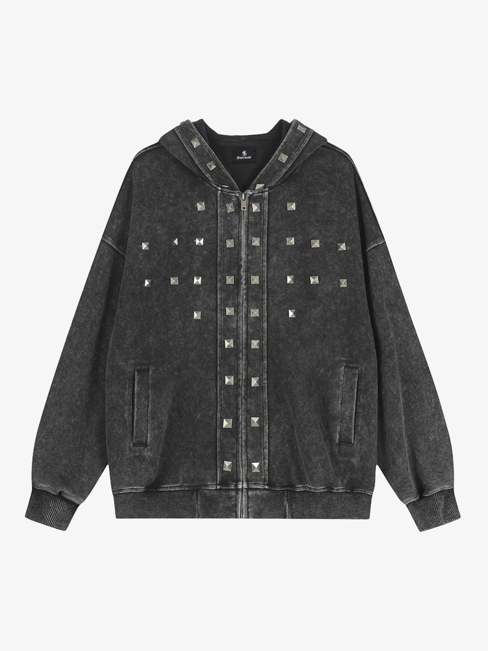 Studded Washed Distressed Zip Hoodie