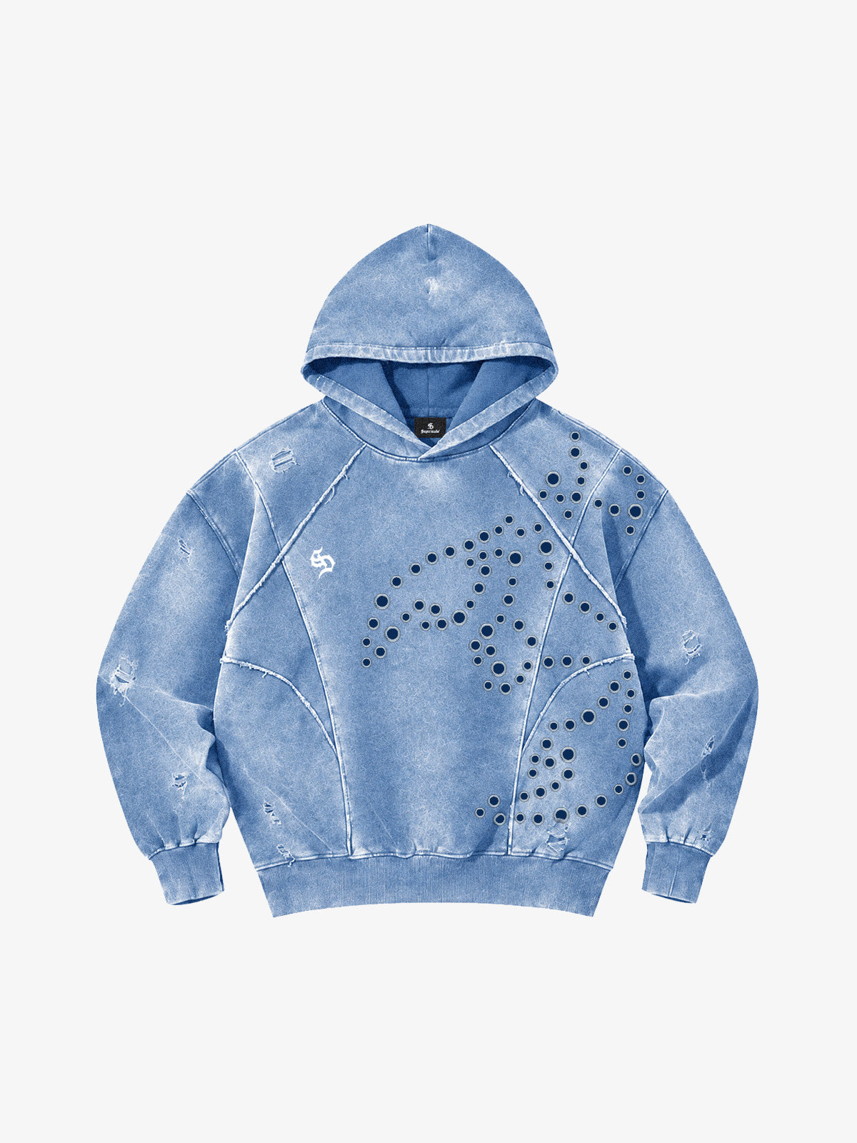 Washed Eyelet Distressed Hoodie & Curved-Leg Sweatpants Set