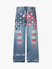 Flag Wing Print Baggy Jeans