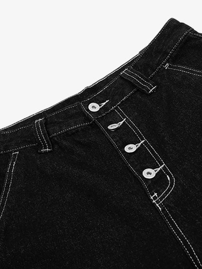 Retro Black Multi-pocket Exposed Raw Edge Cropped Jeans 