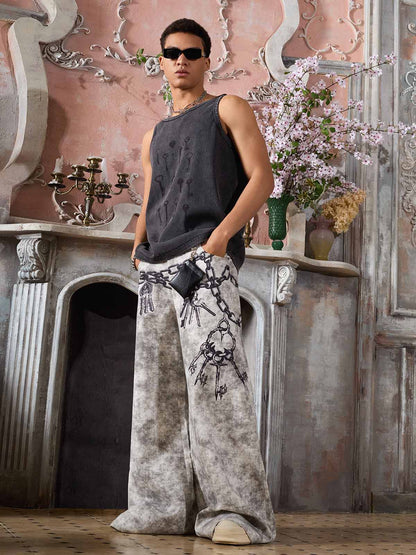 Supermade Distressed Chain And Key Print Baggy Pants 