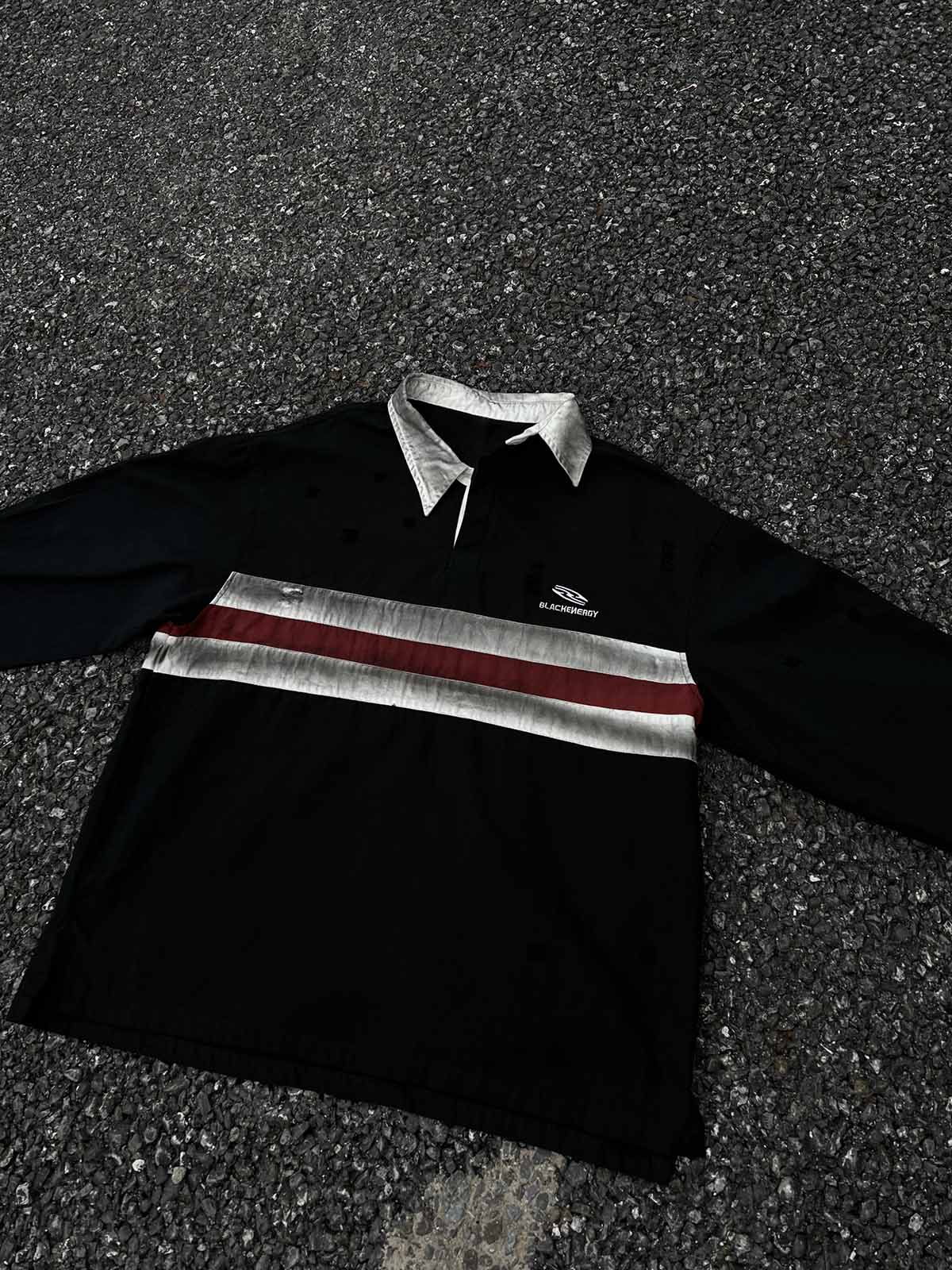 Dirty-Dye Embroidered Long Sleeve Polo Shirt 