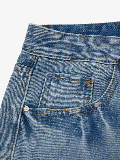 Denim Shorts with Barbed Wire Embroidery and Ripped Details for Men 