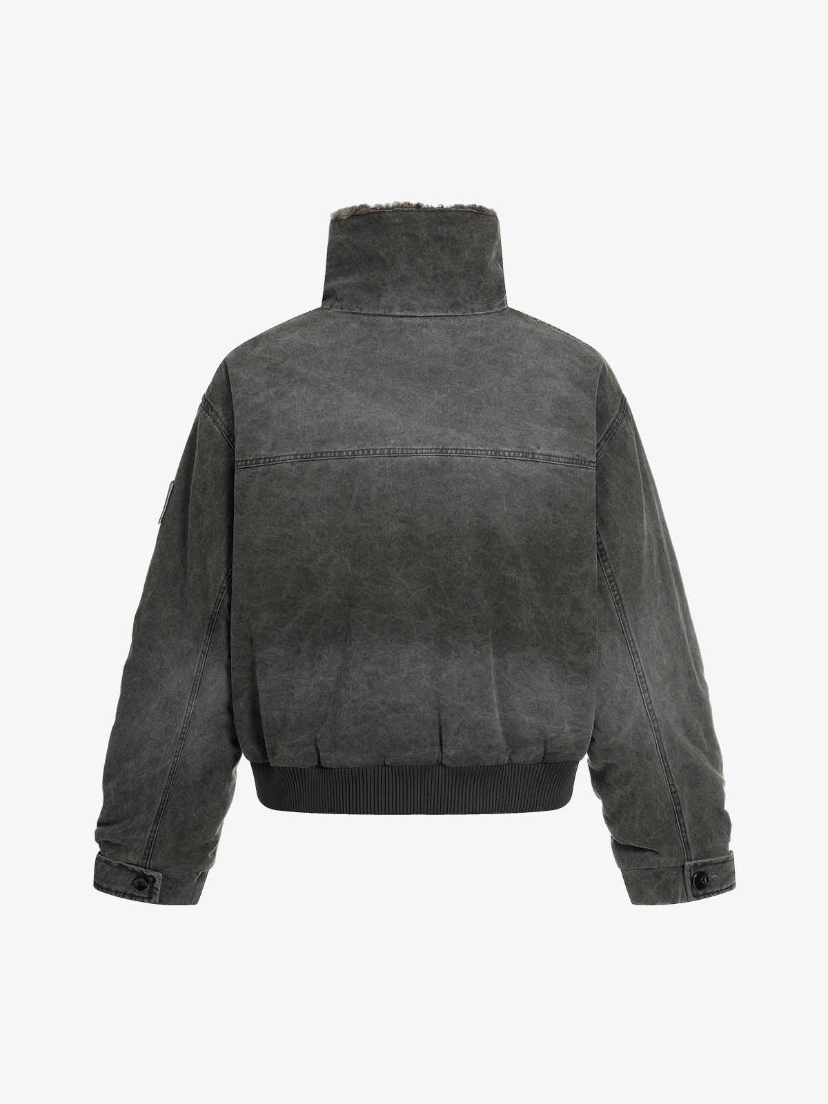 Vintage Distressed Pleated Shearling Collar Fleece Jacket 