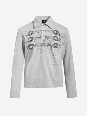 Music Graphic Metal-Button Long Sleeve Polo Shirt