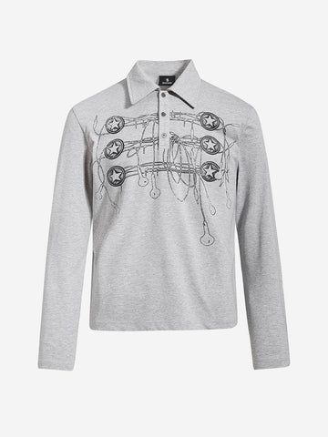 Music Graphic Metal-Button Long Sleeve Polo Shirt