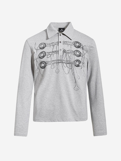 Music Graphic Metal-Button Long Sleeve Polo Shirt