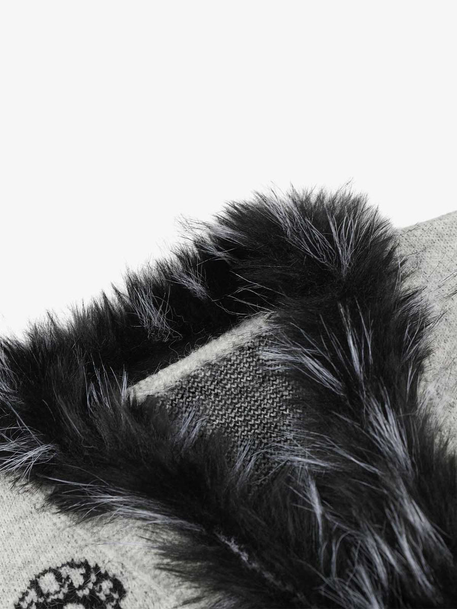 Cartoon Puppy Jacquard Faux-Fur Collar Knit Sweater