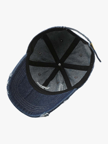 Distressed Denim Baseball Cap with Embroidered Lettering - Perfect for Casual and Sporty Looks 