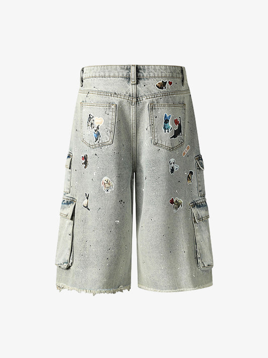 Sticker Distressed Washed Denim Jort 