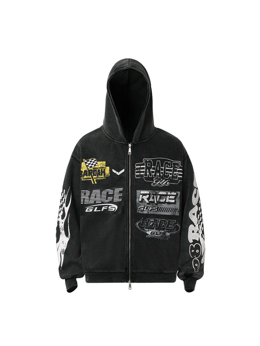 Thesupermade Washed Racing Zip Up Hoodie 