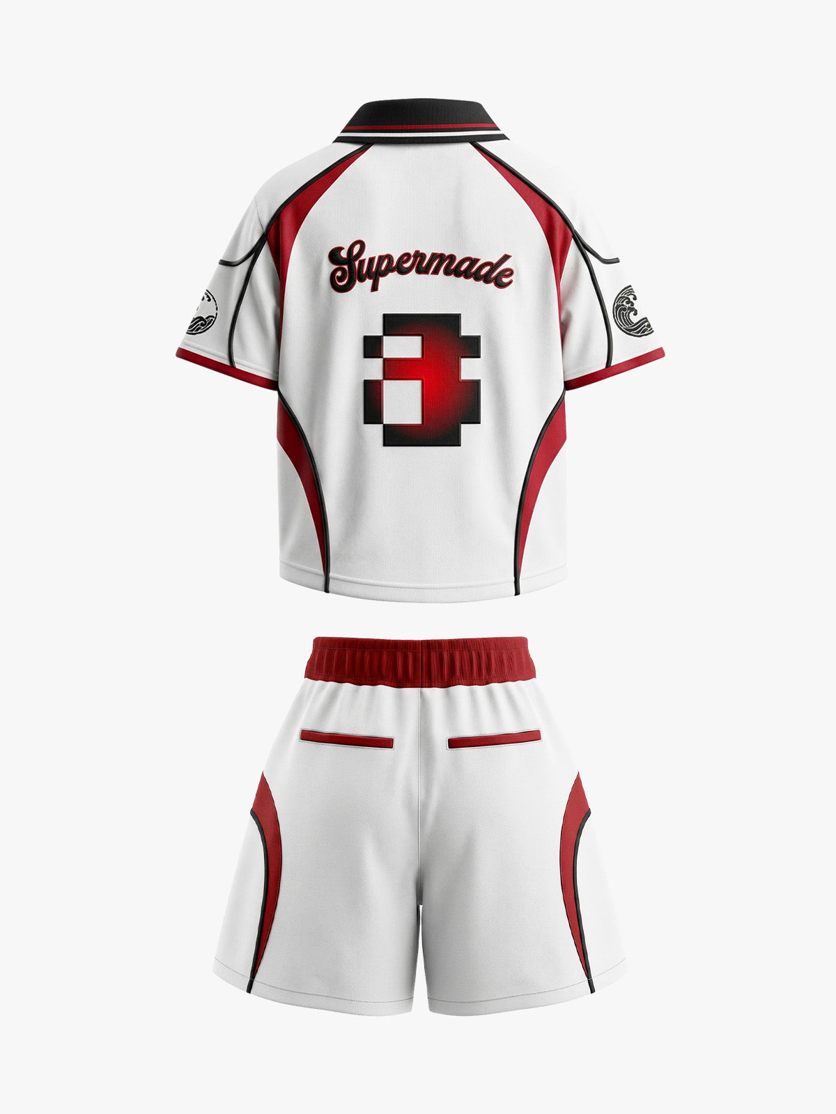 Retro Japanese-Style Red & White Pixel Print Custom Jersey Set