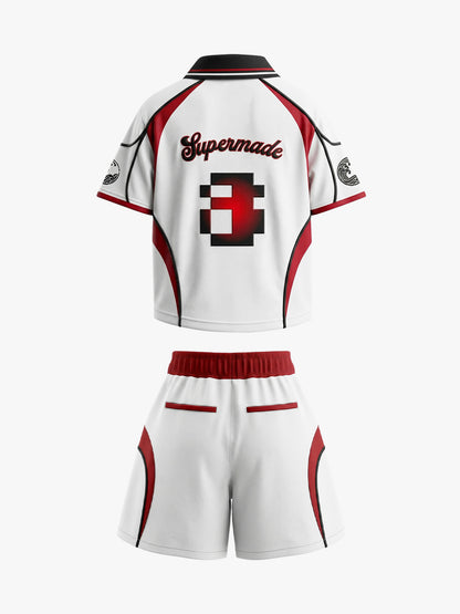 Retro Japanese-Style Red & White Pixel Print Custom Jersey Set
