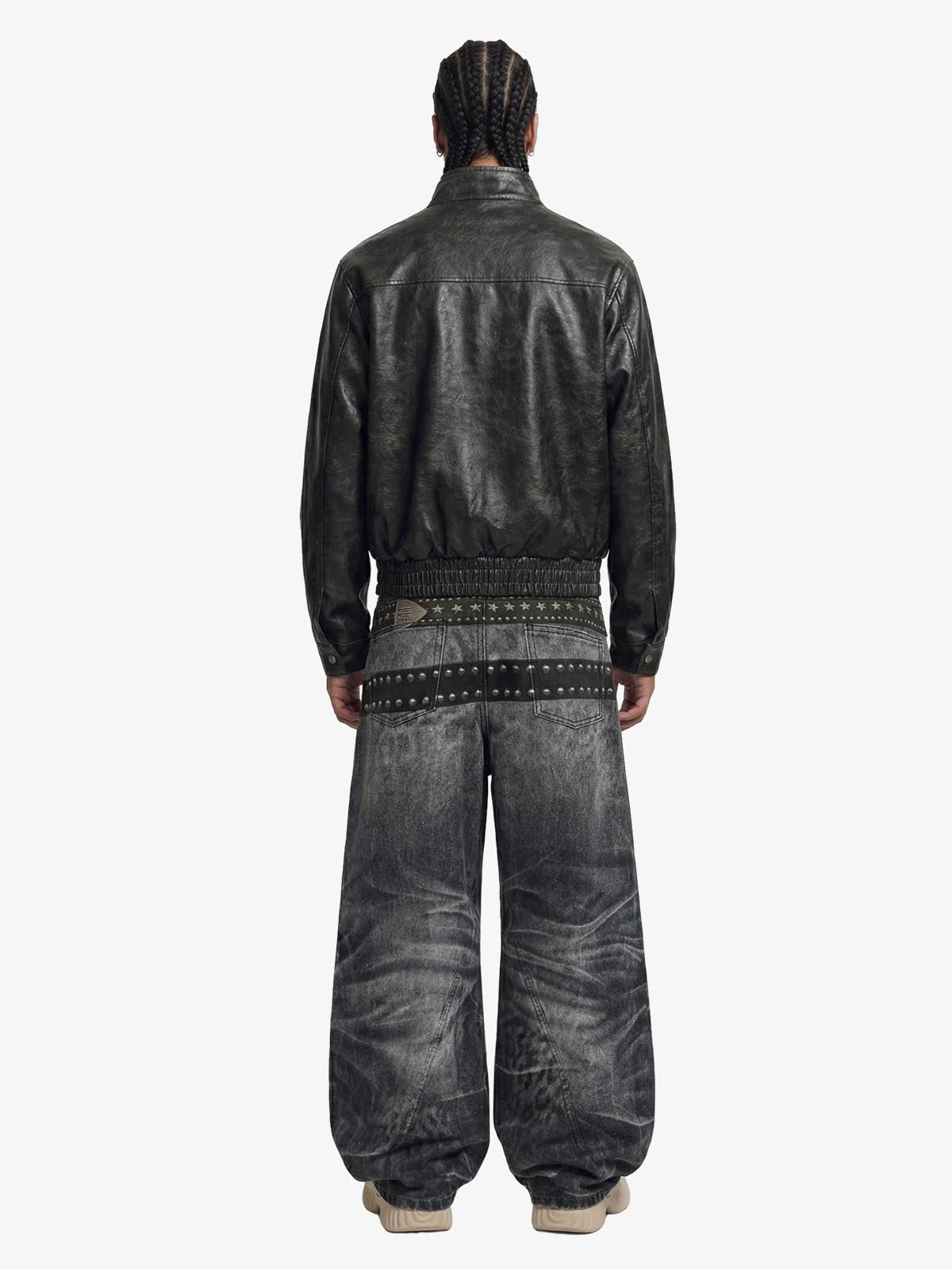 Retro Leather Stand-Collar Elastic Hem Jacket 