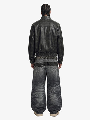 Retro Leather Stand-Collar Elastic Hem Jacket 