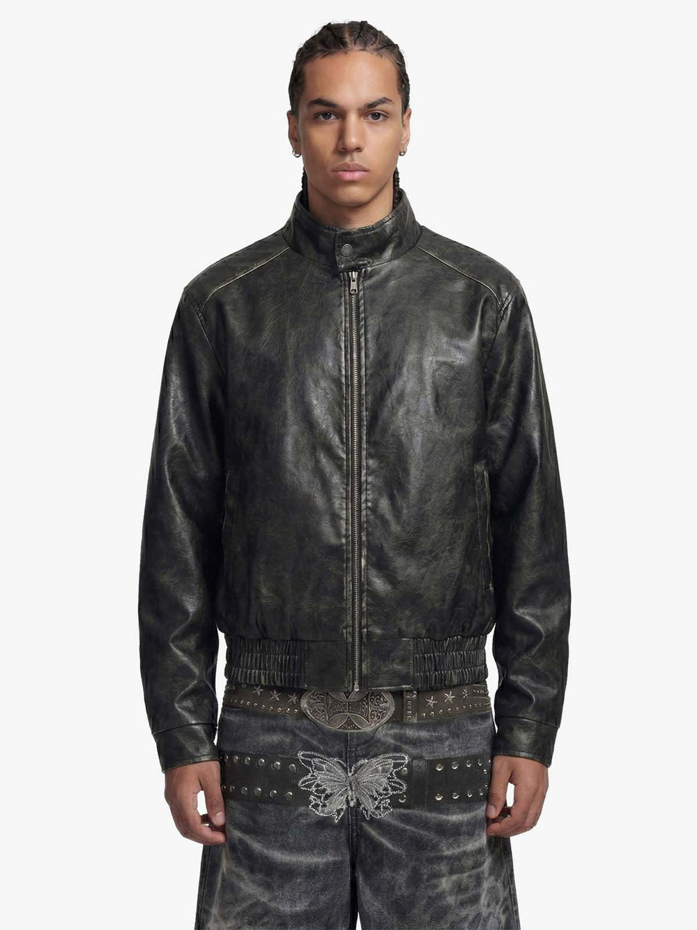 Retro Leather Stand-Collar Elastic Hem Jacket 