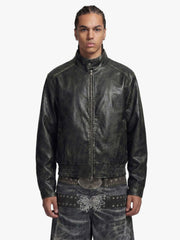 Retro Leather Stand-Collar Elastic Hem Jacket 