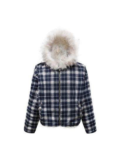 Plaid Sherpa Lined  Fur Hooded Jacket 